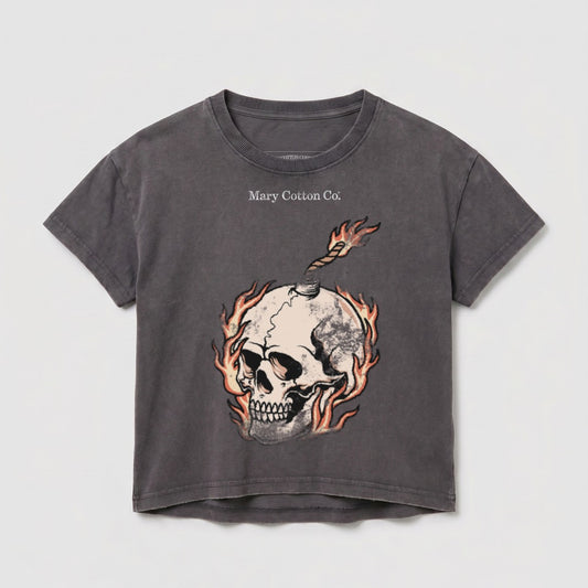 Dark grey t-shirt with skull, bomb fuse, and flames graphic and "Mary Cotton Co." text.