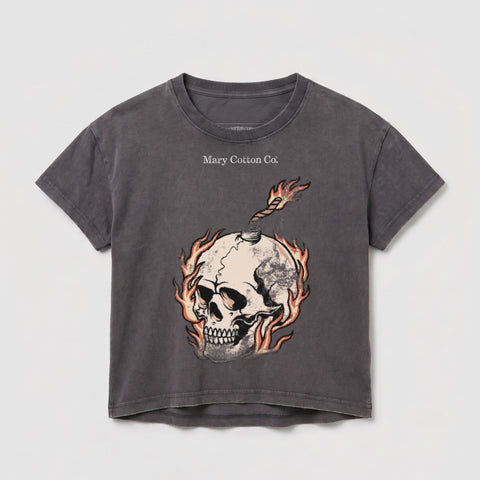 Dark grey t-shirt with skull, bomb fuse, and flames graphic and "Mary Cotton Co." text.