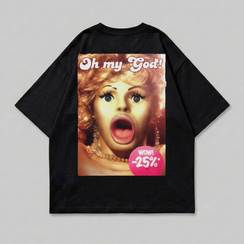 Black t-shirt with a surprised woman's face and "WOW! -25%" text.