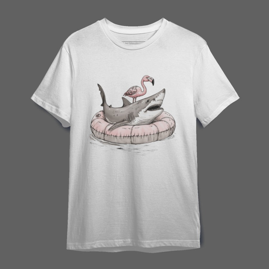 Shark with Flamingo Floating Ring Graphic T-shirt