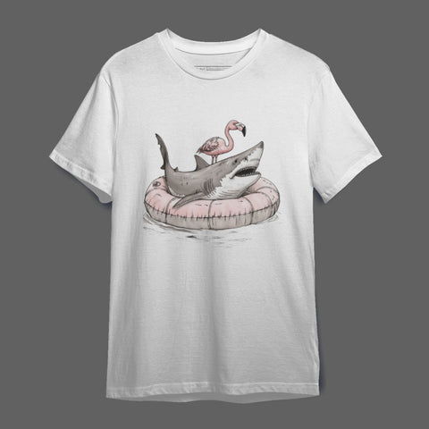 Shark with Flamingo Floating Ring Graphic T-shirt