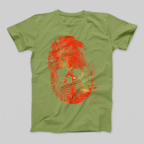 Bold Green Tee with Red Skull Fingerprint Design Shirt