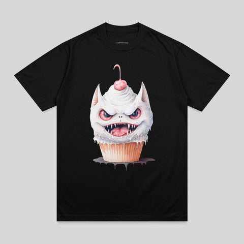 Black t-shirt with a spooky, cat-like cupcake monster graphic.