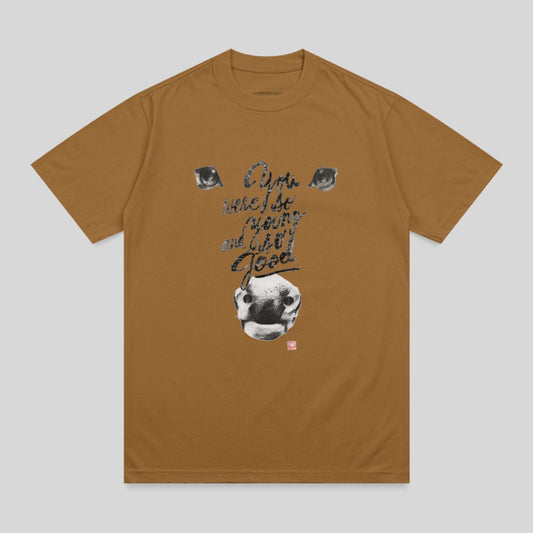 Brown t-shirt with graphic of a dog's face and text "I am here because I'm good".