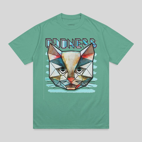 Green t-shirt with a geometric cat face graphic.