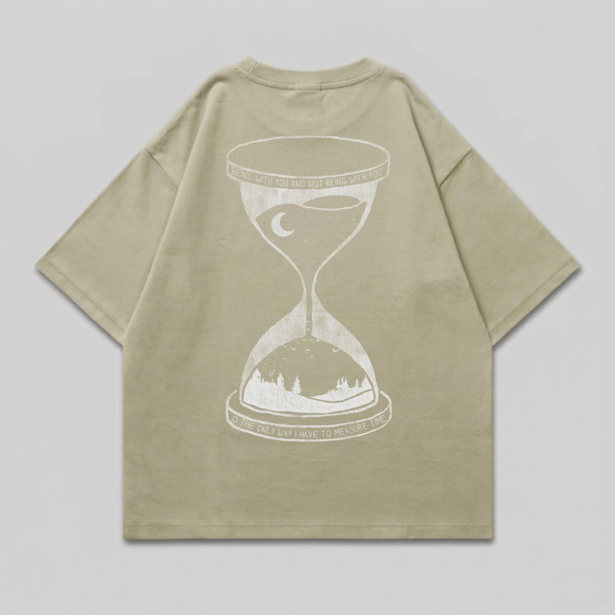 Beige t-shirt with hourglass design and quote.