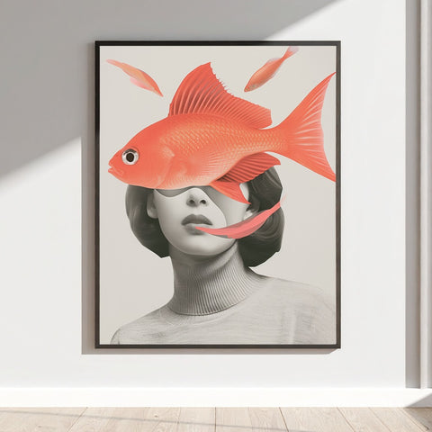 Surreal Goldfish and Woman Art Print Wall Decor Artwork