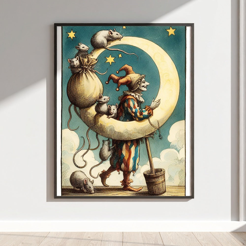 Whimsical Clown with Rats on Crescent Moon Art Print