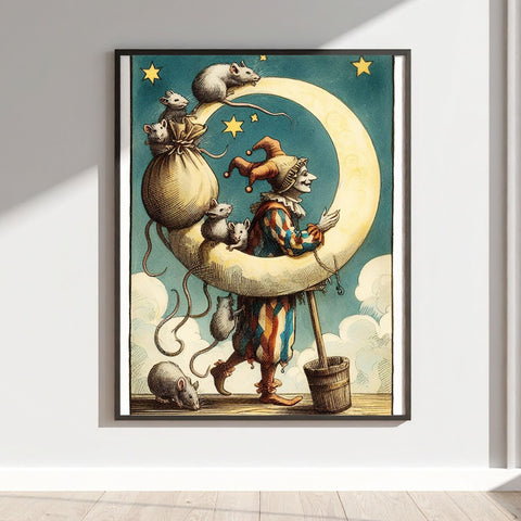 Whimsical Clown with Rats on Crescent Moon Art Print