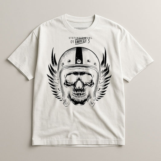 Skull and Helmet Print on White T-Shirt