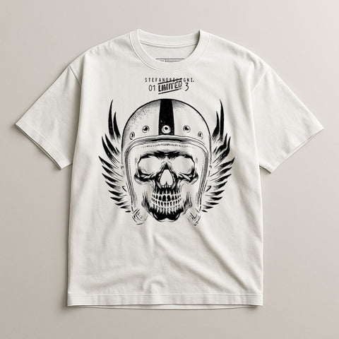 Skull and Helmet Print on White T-Shirt
