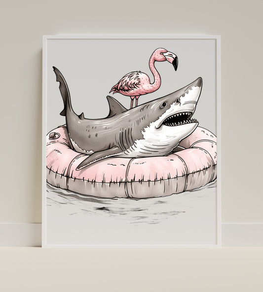 Flamingo Standing On Shark With Float Art Print