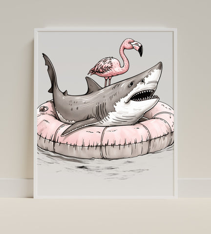 Flamingo Standing On Shark With Float Art Print