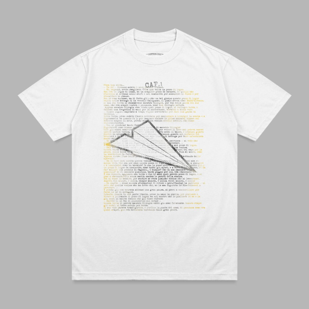 White t-shirt with dark text from an Italian children's story.