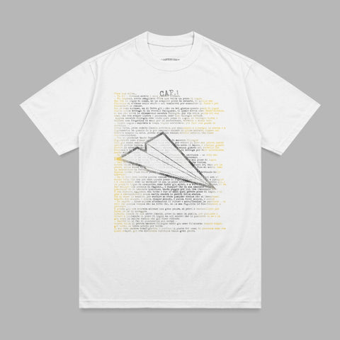 White t-shirt with dark text from an Italian children's story.