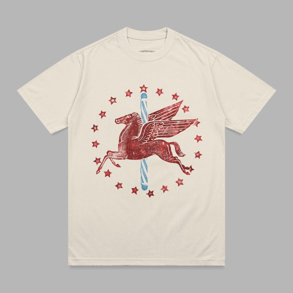 Cream t-shirt with red Pegasus and stars carousel design.