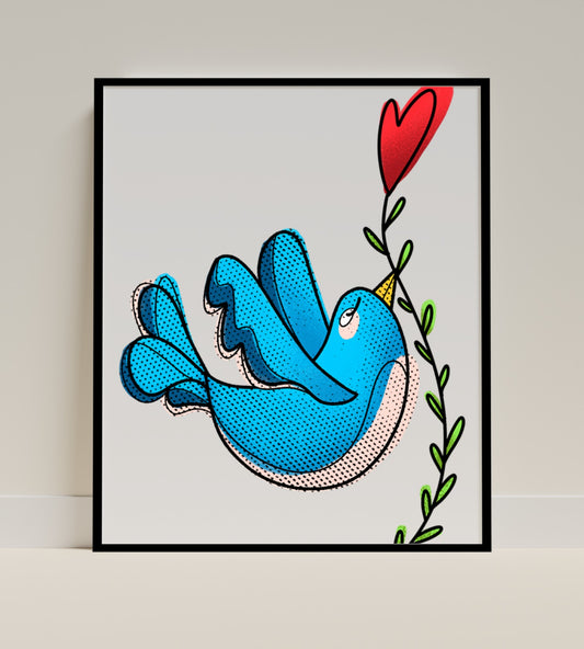 Blue Bird with Heart Branch Art Print Product