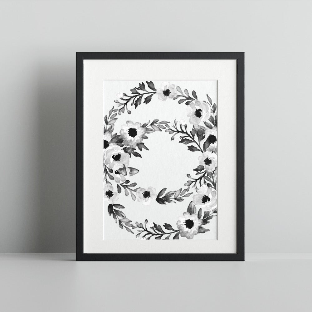 Monochrome Floral Wreath Black and White Art Print