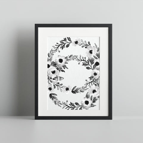 Monochrome Floral Wreath Black and White Art Print