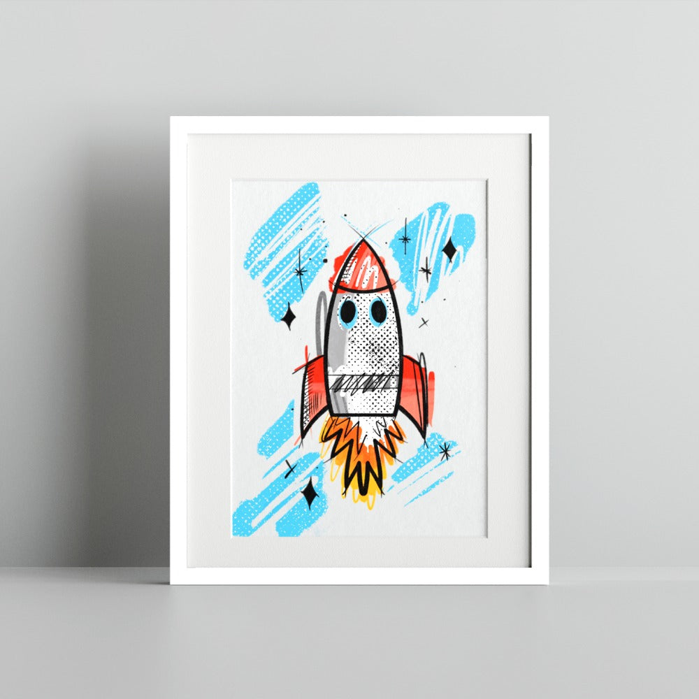 Colorful Hand-Drawn Rocket Art Print for Kids Room Decor