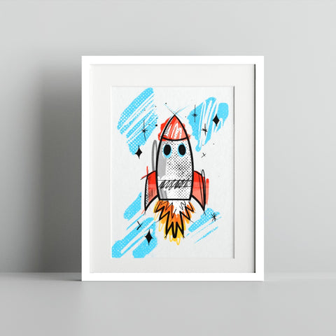 Colorful Hand-Drawn Rocket Art Print for Kids Room Decor