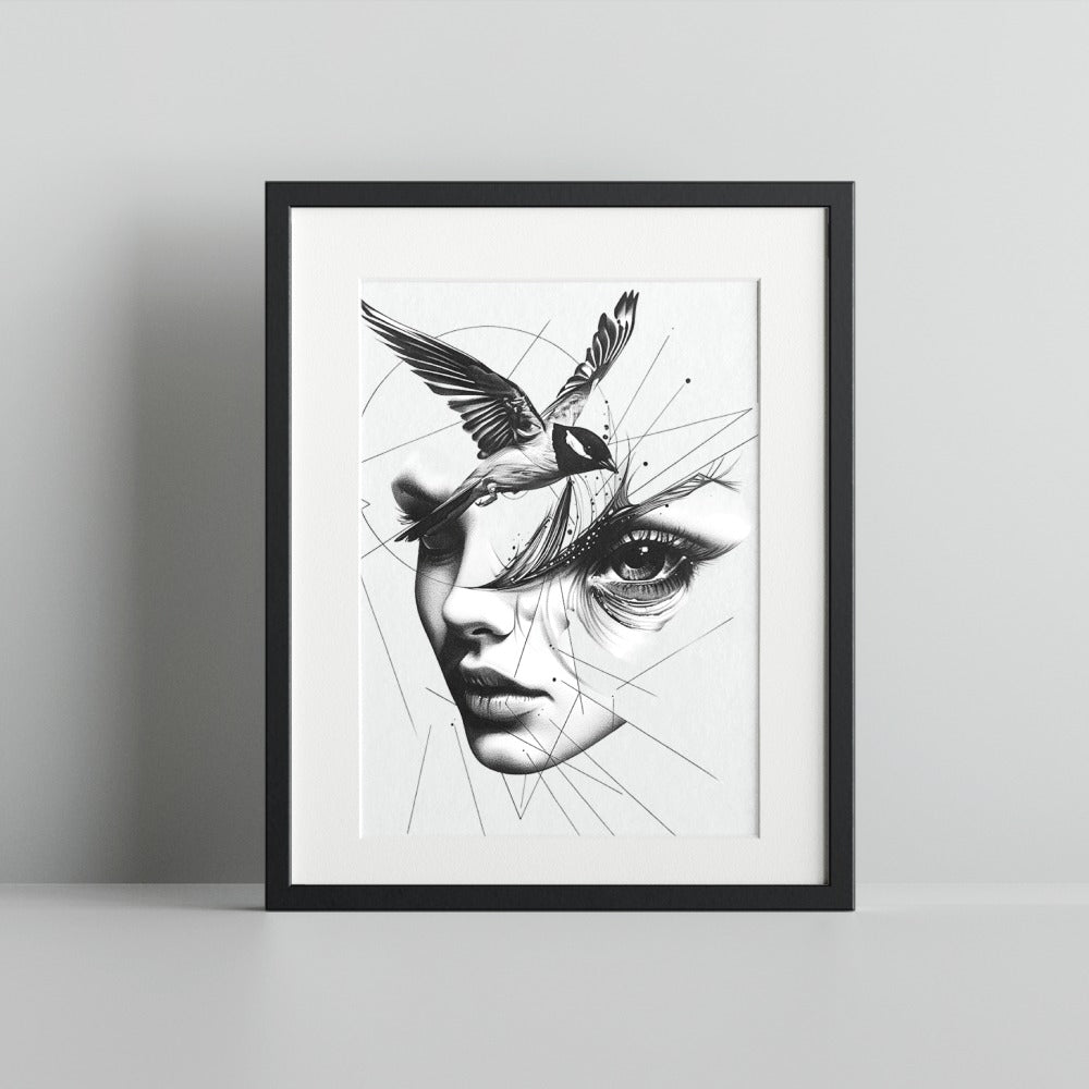 Abstract Artistic Woman and Bird Framed Art Print