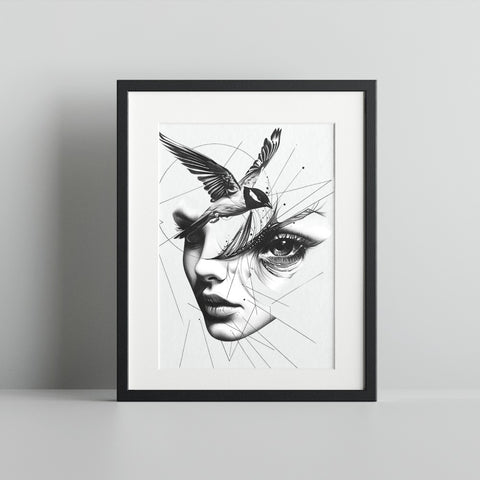 Abstract Artistic Woman and Bird Framed Art Print