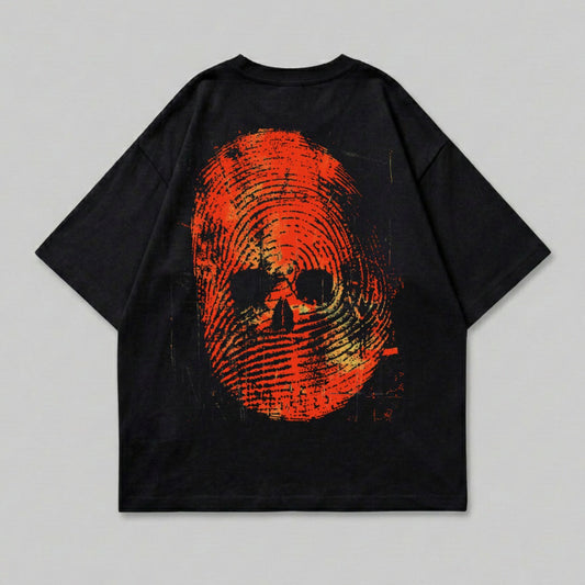 Black t-shirt orange fingerprint skull graphic design product type