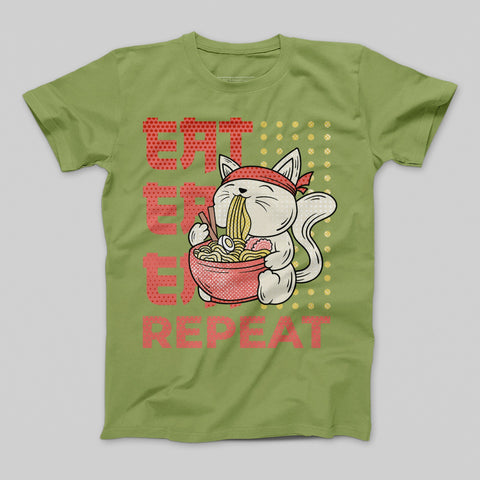 Cute Noodle Eating Cat Design Funny T-Shirt