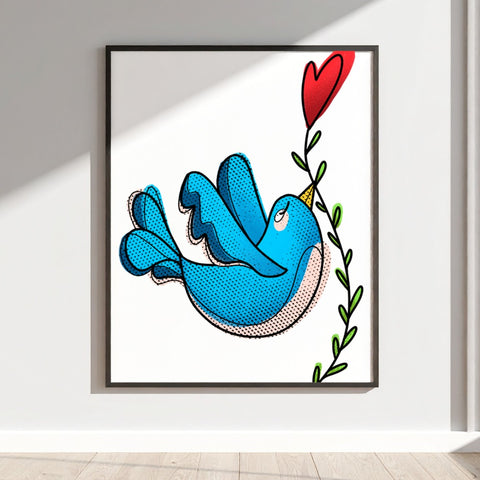 Colorful Blue Bird with Heart Graphic Art Poster