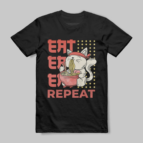 Eat Eat Eat Repeat Funny Cat Graphic Tee