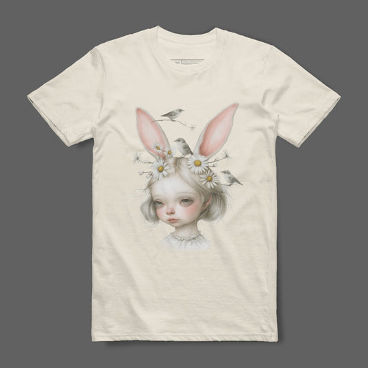 Girl with Bunny Ears and Birds Graphic T-shirt