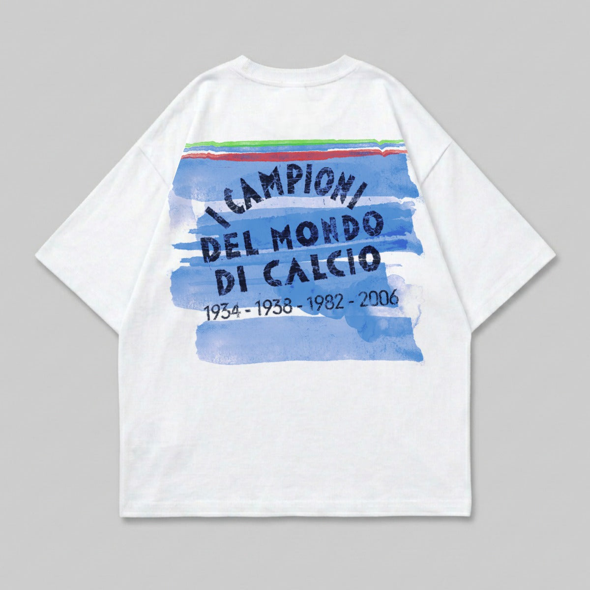 White t-shirt with blue watercolor design and "Campioni del Mondo Calcio" text.