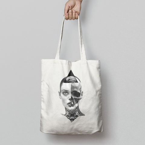 Artistic Half Face Brain Skull Print Tote Bag