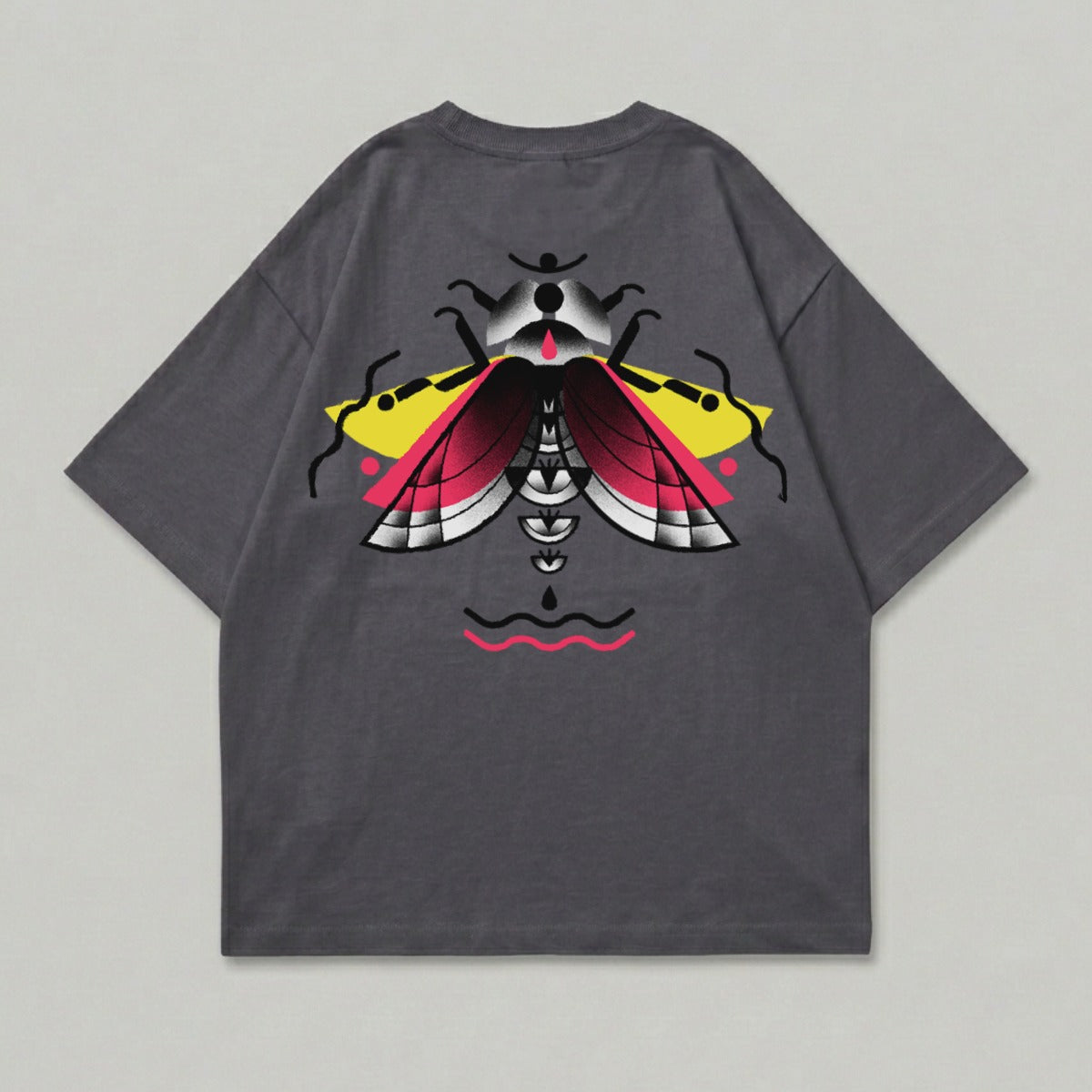 Abstract Bug Design Bold Color Back Artwork product type
Insect graphic
Abstract bug
Beetle art
Moth design
Vibrant colors
Dark gray tee
Back print
Artistic apparel
Unique shirt
Graphic top
Modern streetwear
Casual clothing
Yellow pink
Red black
White gray
Short sleeve
Statement piece
Cool design
Creature art
Pop colors