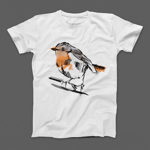 Artistic Detailed Robin Bird Illustration Tee Shirt