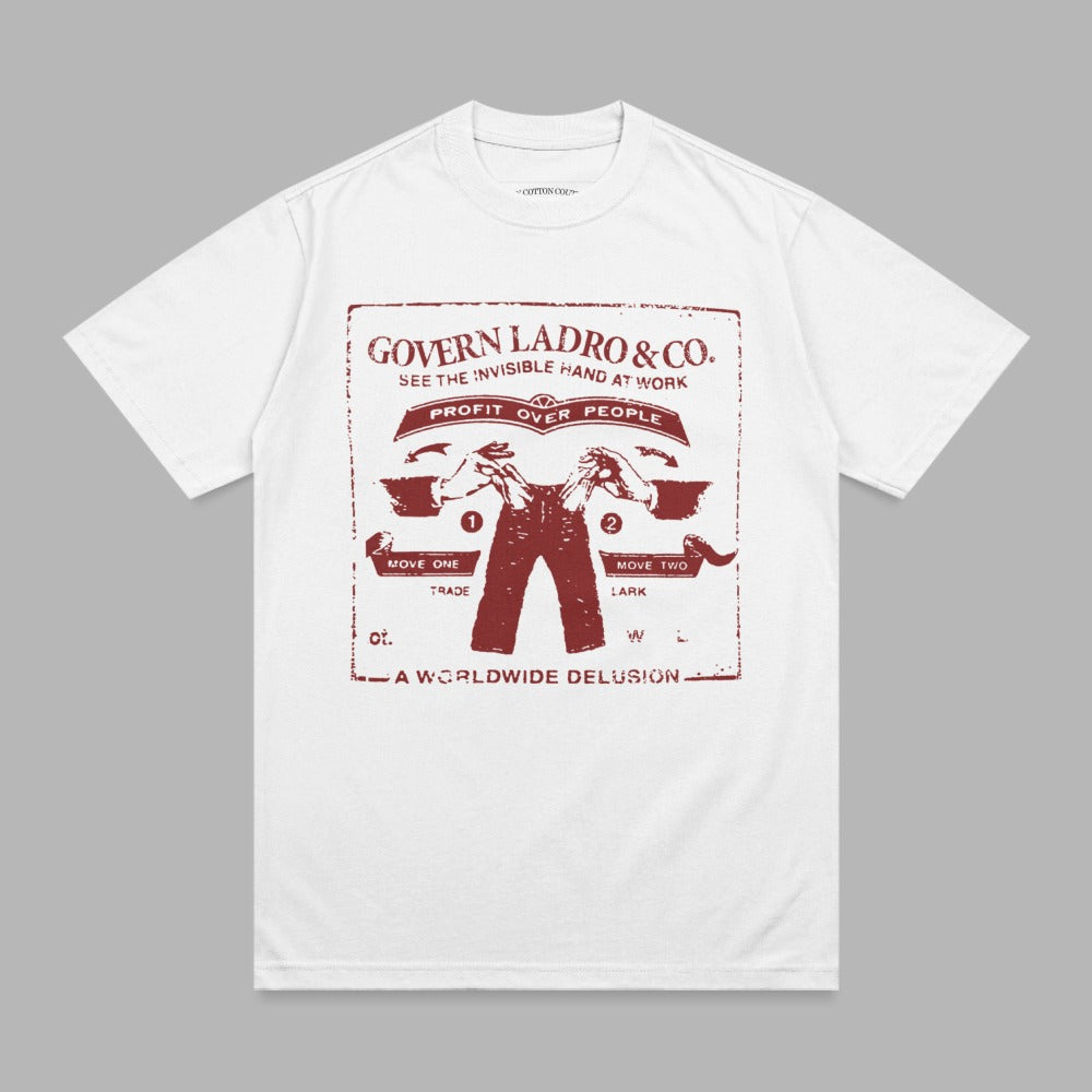 T-shirt with distressed red graphic of hands, gears, and text about profit over people.