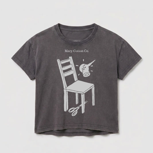 Dark gray t-shirt with graphic of chair, watering can, and scissors.
