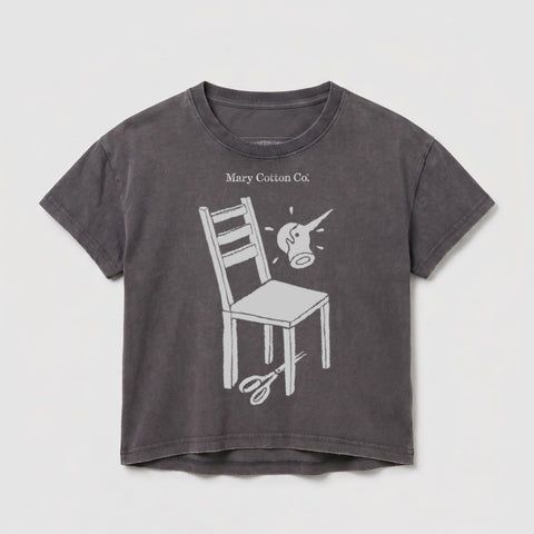 Dark gray t-shirt with graphic of chair, watering can, and scissors.