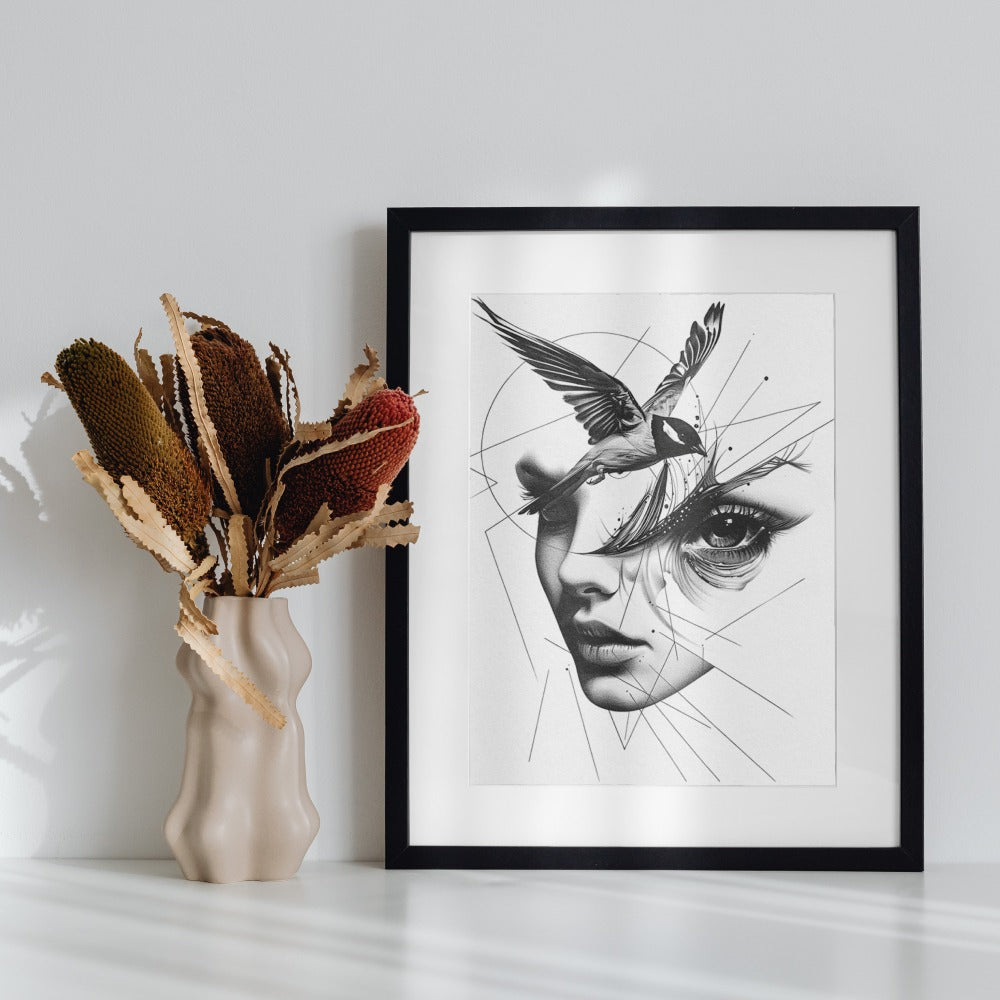 Abstract Face With Bird Illustrated Modern Art Print