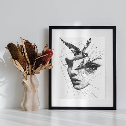 Abstract Face With Bird Illustrated Modern Art Print