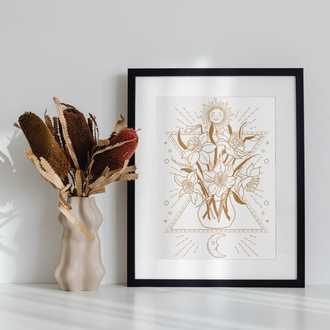 Geometric Sun and Floral Illustration Wall Art