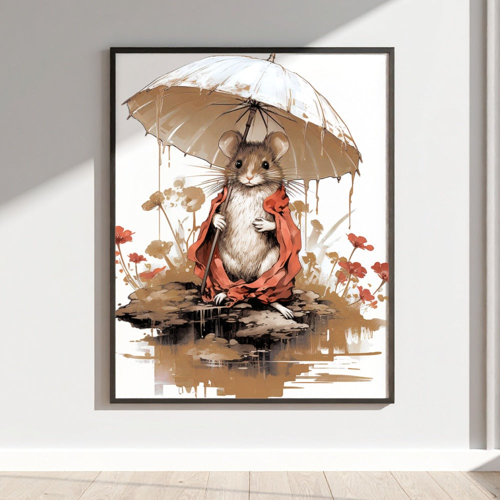 Adorable Mouse with Umbrella Wall Art Print Product