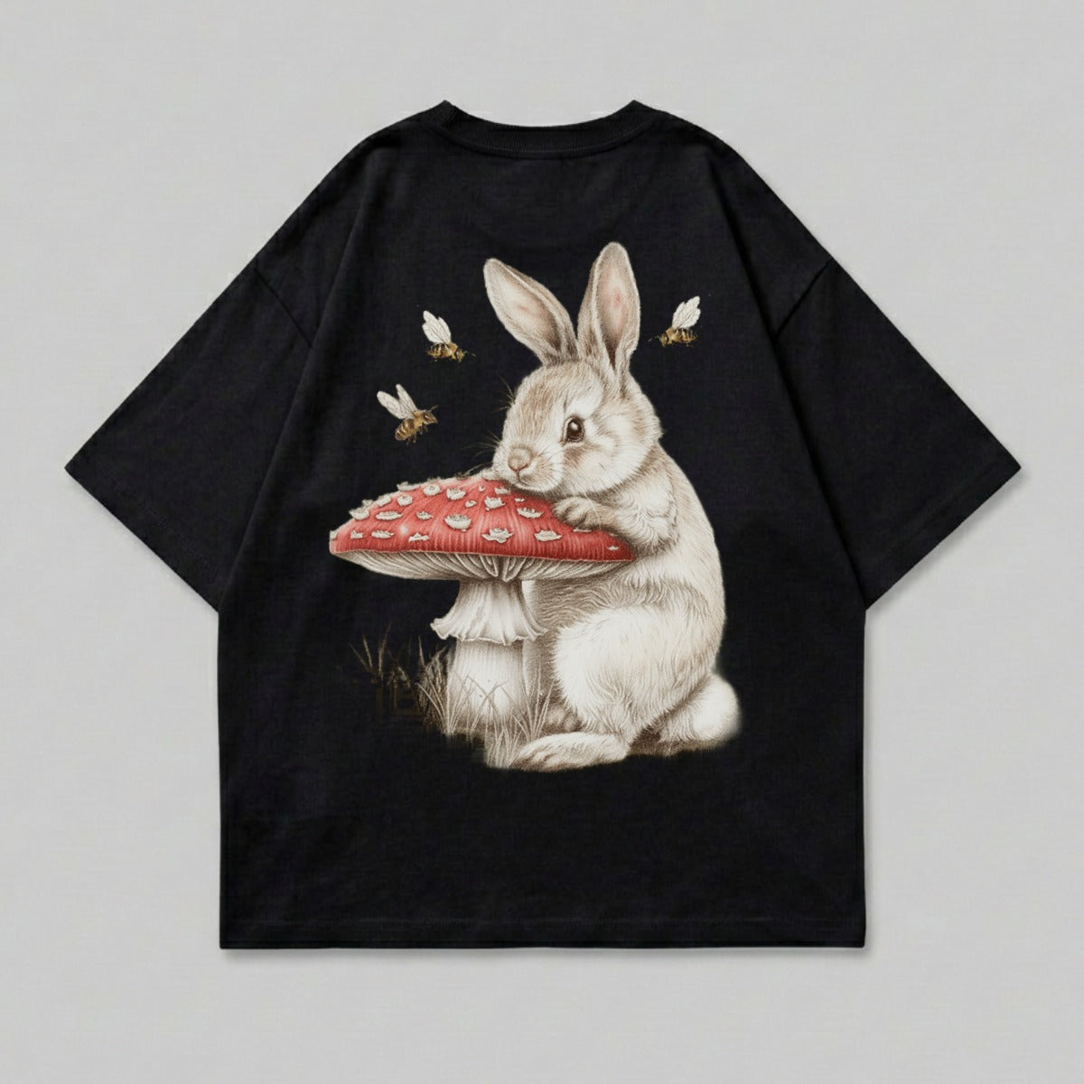 Adorable Rabbit Red Mushroom Flying Bees Art Print product type