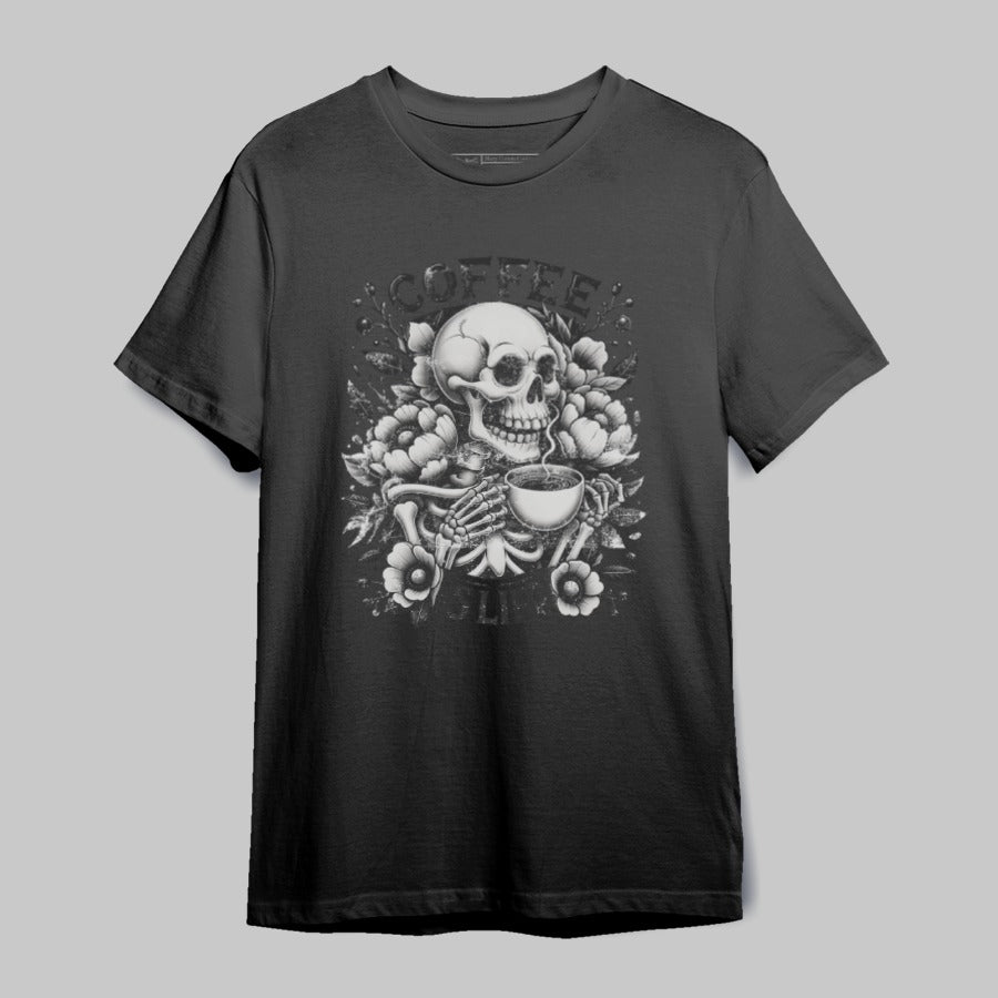 Skull Holding Coffee Cup with Floral Design T-shirt