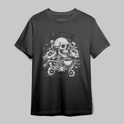 Skull Holding Coffee Cup with Floral Design T-shirt