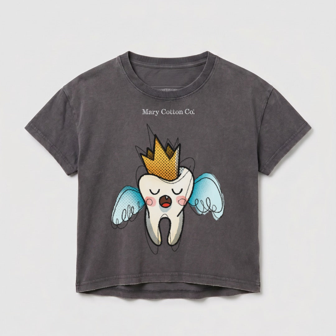 Dark gray t-shirt with a cartoon tooth wearing a crown and blue wings.