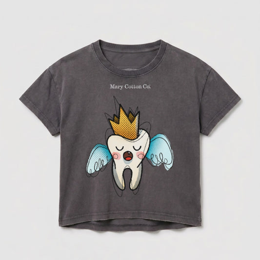 Dark gray t-shirt with a cartoon tooth wearing a crown and blue wings.