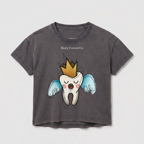 Dark gray t-shirt with a cartoon tooth wearing a crown and blue wings.