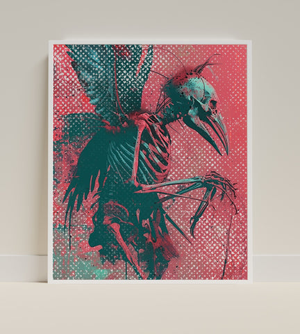Abstract Skeleton Bird Artwork in Red and Teal Decor